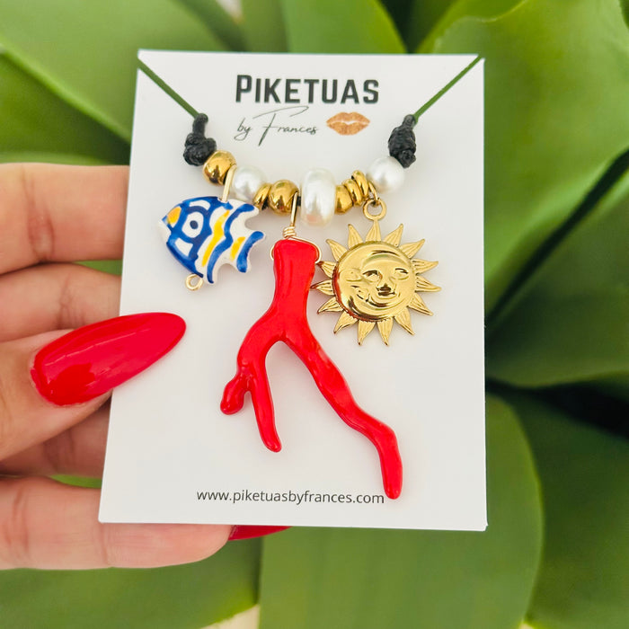 Coral • Santorini Collar • Cuero Negro